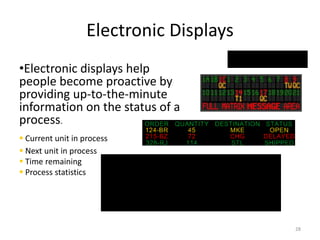 Electronic Displays 
•Electronic displays help 
people become proactive by 
providing up-to-the-minute 
information on the status of a 
process. 
 Current unit in process 
 Next unit in process 
 Time remaining 
 Process statistics 
28 
 