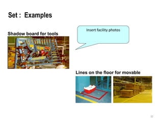 32 
Lines on the floor for movable 
items 
Shadow board for tools 
Insert facility photos 
Set : Examples 
 