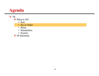 11
Agenda
 5S
 What Is 5S?
• Sort
• Set in Order
• Shine
• Standardize
• Sustain
 5S Summary
 