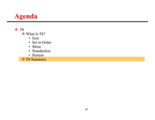 35
Agenda
 5S
 What Is 5S?
• Sort
• Set in Order
• Shine
• Standardize
• Sustain
 5S Summary
 