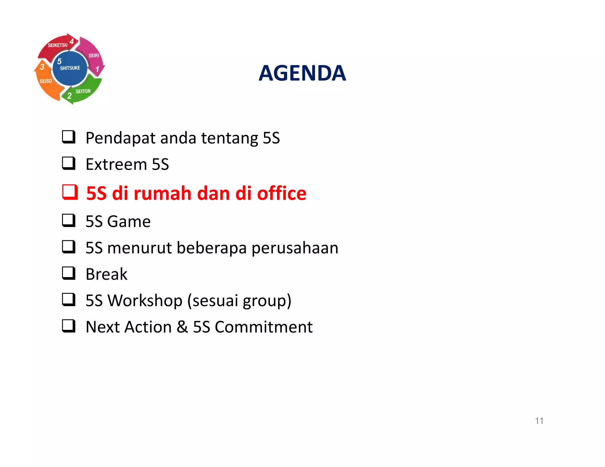 AGENDA
Pendapat anda tentang 5S
Extreem 5S
5S di rumah dan di office
5S Game
5S menurut beberapa perusahaan
Break
5S Workshop (sesuai group)
Next Action & 5S Commitment
11
 