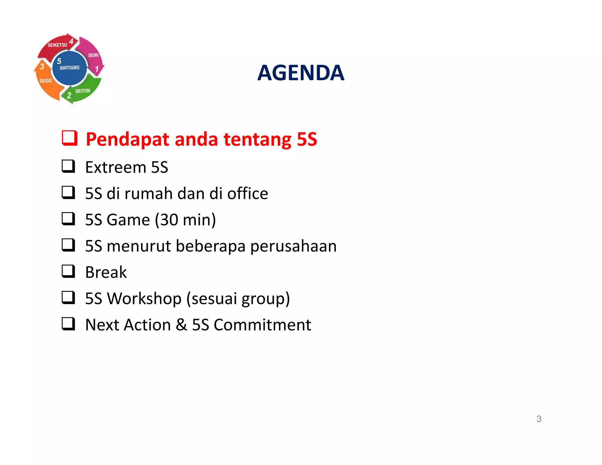 AGENDA
Pendapat anda tentang 5S
Extreem 5S
5S di rumah dan di office
5S Game (30 min)
5S menurut beberapa perusahaan
Break
5S Workshop (sesuai group)
Next Action & 5S Commitment
3
 