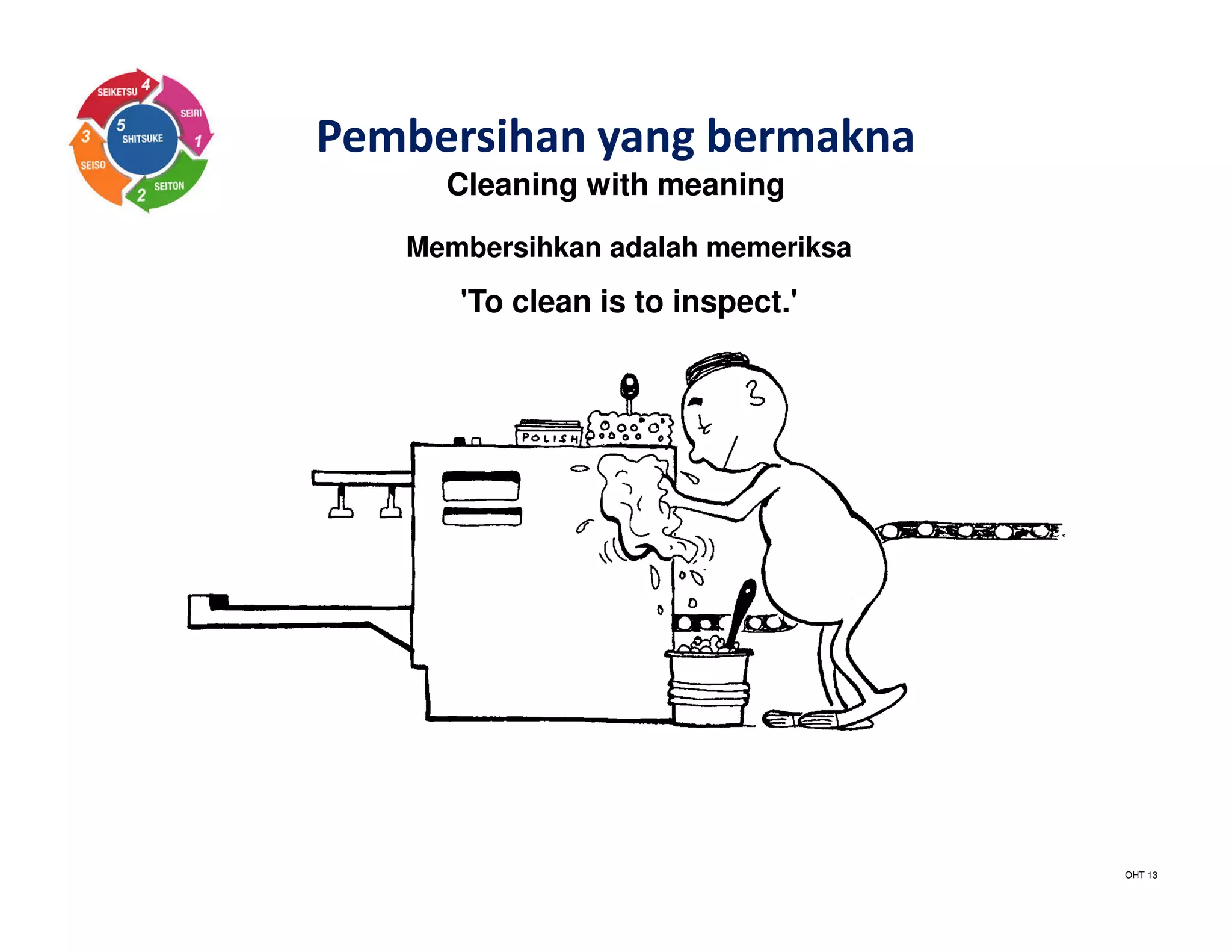 Pembersihan yang bermakna
Cleaning with meaning
Membersihkan adalah memeriksa
'To clean is to inspect.'
OHT 13
 