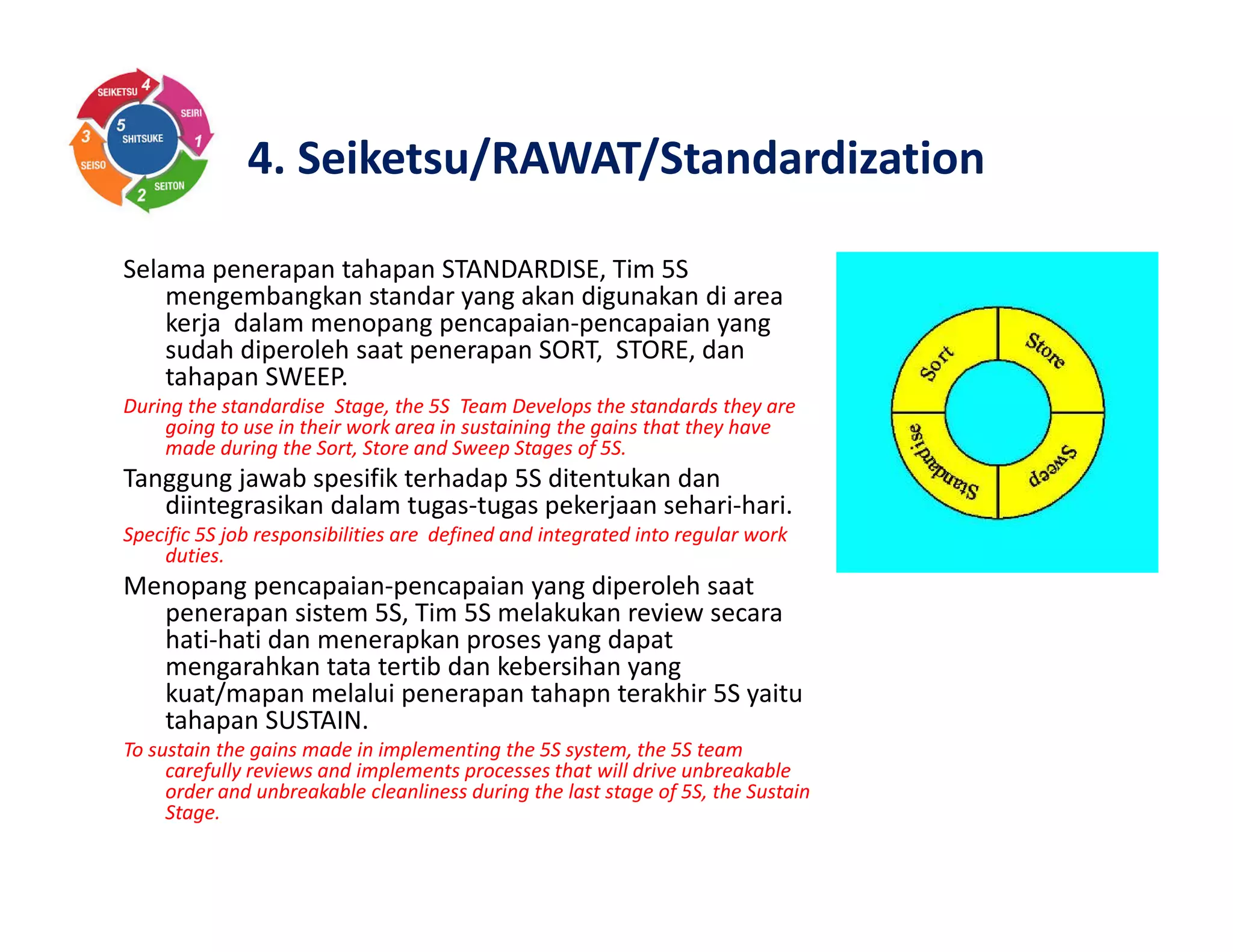 4. Seiketsu/RAWAT/Standardization
Selama penerapan tahapan STANDARDISE, Tim 5S
mengembangkan standar yang akan digunakan di area
kerja dalam menopang pencapaian-pencapaian yang
sudah diperoleh saat penerapan SORT, STORE, dan
tahapan SWEEP.
During the standardise Stage, the 5S Team Develops the standards they are
going to use in their work area in sustaining the gains that they have
made during the Sort, Store and Sweep Stages of 5S.
Tanggung jawab spesifik terhadap 5S ditentukan dan
diintegrasikan dalam tugas-tugas pekerjaan sehari-hari.
Specific 5S job responsibilities are defined and integrated into regular work
duties.
Menopang pencapaian-pencapaian yang diperoleh saat
penerapan sistem 5S, Tim 5S melakukan review secara
hati-hati dan menerapkan proses yang dapat
mengarahkan tata tertib dan kebersihan yang
kuat/mapan melalui penerapan tahapn terakhir 5S yaitu
tahapan SUSTAIN.
To sustain the gains made in implementing the 5S system, the 5S team
carefully reviews and implements processes that will drive unbreakable
order and unbreakable cleanliness during the last stage of 5S, the Sustain
Stage.
 