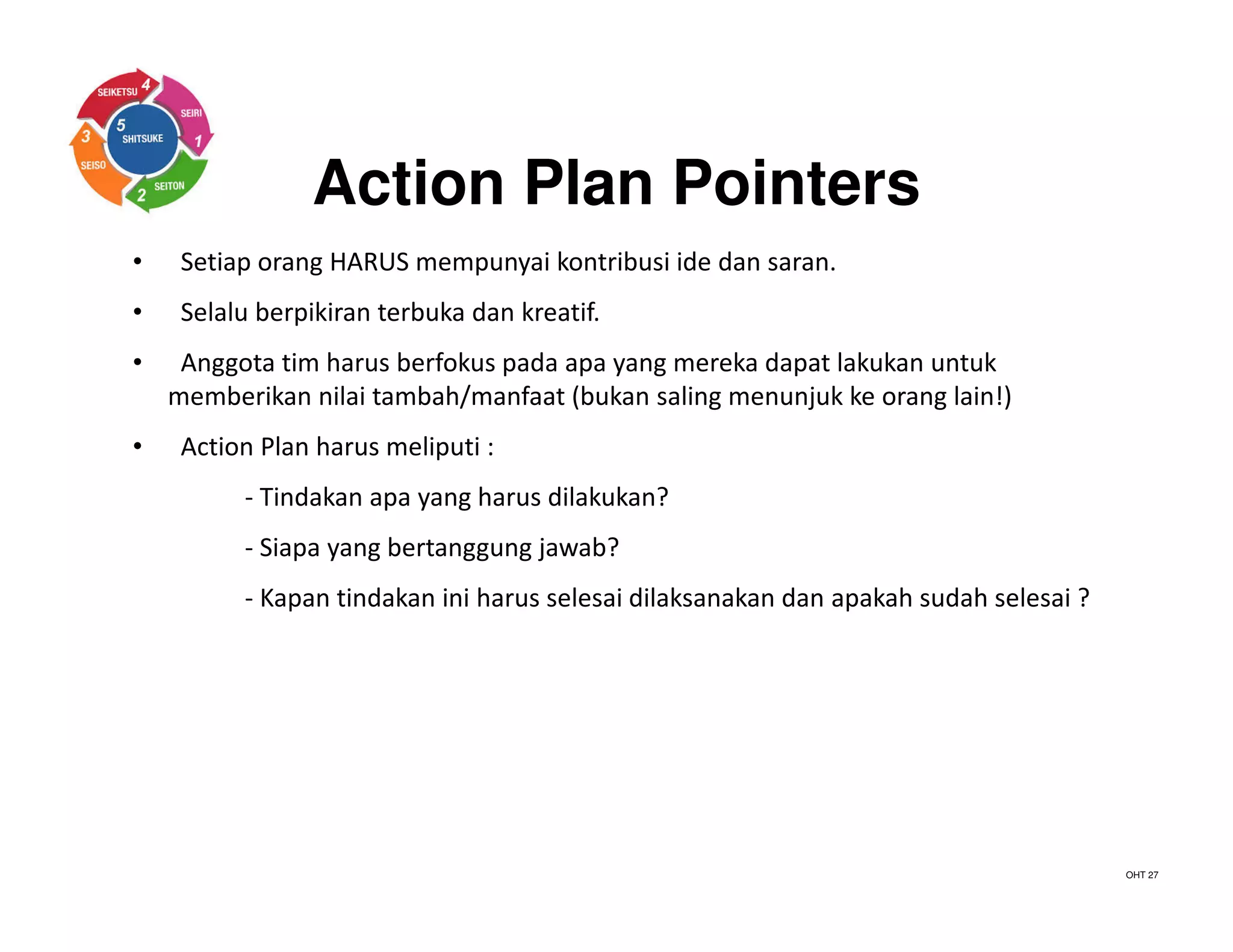 Action Plan Pointers
• Setiap orang HARUS mempunyai kontribusi ide dan saran.
• Selalu berpikiran terbuka dan kreatif.
• Anggota tim harus berfokus pada apa yang mereka dapat lakukan untuk
memberikan nilai tambah/manfaat (bukan saling menunjuk ke orang lain!)
• Action Plan harus meliputi :
- Tindakan apa yang harus dilakukan?
- Siapa yang bertanggung jawab?
- Kapan tindakan ini harus selesai dilaksanakan dan apakah sudah selesai ?
OHT 27
 