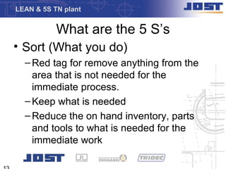 LEAN & 5S TN plant


           What are the 5 S’s
• Sort (What you do)
  – Red tag for remove anything from the
    area that is not needed for the
    immediate process.
  – Keep what is needed
  – Reduce the on hand inventory, parts
    and tools to what is needed for the
    immediate work
 