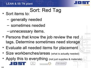 LEAN & 5S TN plant

                   Sort: Red Tag
• Sort items to:
   – generally needed
   – sometimes needed
   – unnecessary items.
• Persons that know the job review the red
  tags. Determine sometimes need storage
• Evaluate all needed items for placement
• Size workbenches/areas (what is actually needed)
• Apply this to everything (not just supplies & materials)
 