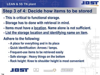 LEAN & 5S TN plant

Step 3 of 4: Decide how items to be stored
- This is critical to functional storage.
- Storage has to done with retrieval in mind.
- Items must have a location. Name alone is not sufficient.
- List the storage location and identifying name on item.
Adhere to the following:
   - A place for everything and in its place
   - Quick identification: Arrows / lamps.
   - Frequent-use items to be retrieved easily
   - Safe storage : Heavy things on the bottom
   - Rack height: Knee to shoulder height is most convenient


                                                               24
 