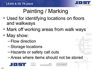 LEAN & 5S TN plant

            Painting / Marking
• Used for identifying locations on floors
  and walkways
• Mark off working areas from walk ways
• May show:
  – Flow direction
  – Storage locations
  – Hazards or safety call outs
  – Areas where items should not be stored
 