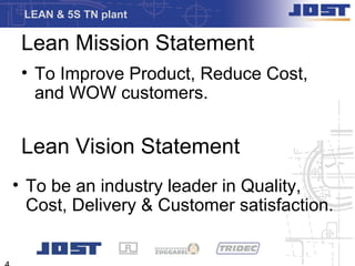 LEAN & 5S TN plant

 Lean Mission Statement
 • To Improve Product, Reduce Cost,
   and WOW customers.


 Lean Vision Statement
• To be an industry leader in Quality,
  Cost, Delivery & Customer satisfaction.
 