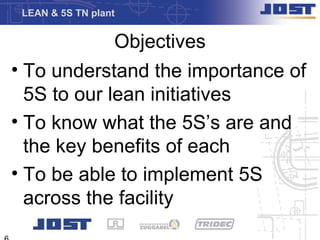LEAN & 5S TN plant


             Objectives
• To understand the importance of
  5S to our lean initiatives
• To know what the 5S’s are and
  the key benefits of each
• To be able to implement 5S
  across the facility
 