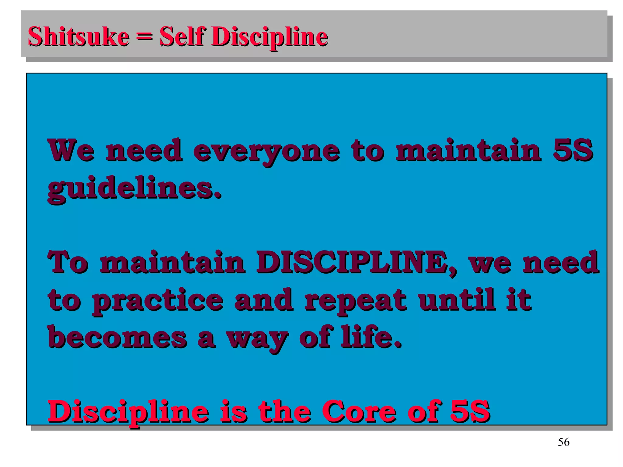 Shitsuke = Self Discipline We need everyone to maintain 5S guidelines. To maintain DISCIPLINE, we need to practice and repeat until it becomes a way of life. Discipline is the Core of 5S 