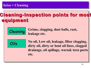 Seiso = Cleaning Cleaning-Inspection points for most equipment   Cleaning Grime, clogging, dust balls, rust,  leakage etc. Oils No oil, Low oil, leakage, filter clogging, dirty oil, dirty or bent oil lines, clogged drainage, oil spillage, worn& torn ports etc. 