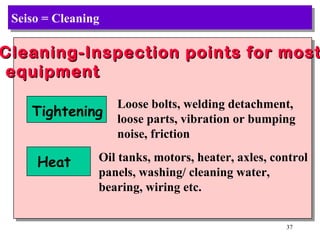 Seiso = Cleaning Cleaning-Inspection points for most equipment   Tightening Loose bolts, welding detachment, loose parts, vibration or bumping noise, friction  Heat Oil tanks, motors, heater, axles, control panels, washing/ cleaning water,  bearing, wiring etc. 