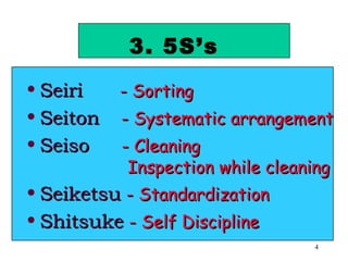 3. 5S’s Seiri   - Sorting Seiton  - Systematic arrangement Seiso  - Cleaning    Inspection while cleaning Seiketsu   - Standardization Shitsuke   - Self Discipline 