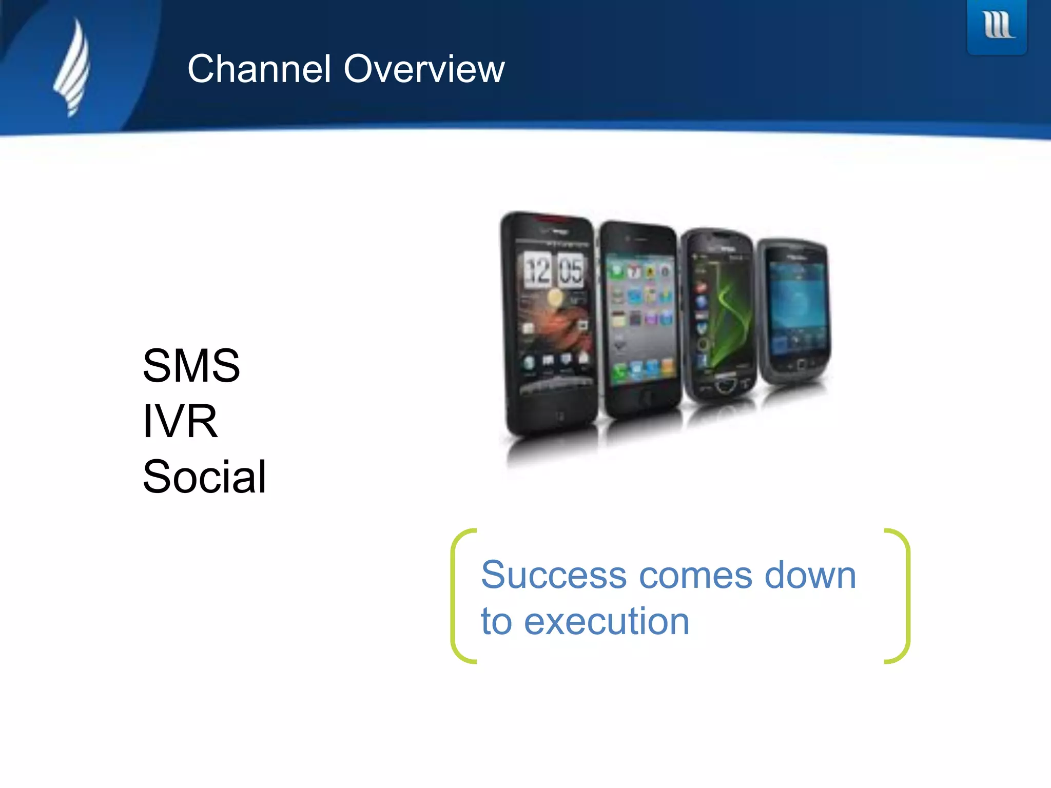Channel Overview




SMS
IVR
Social

                Success comes down
                to execution
 