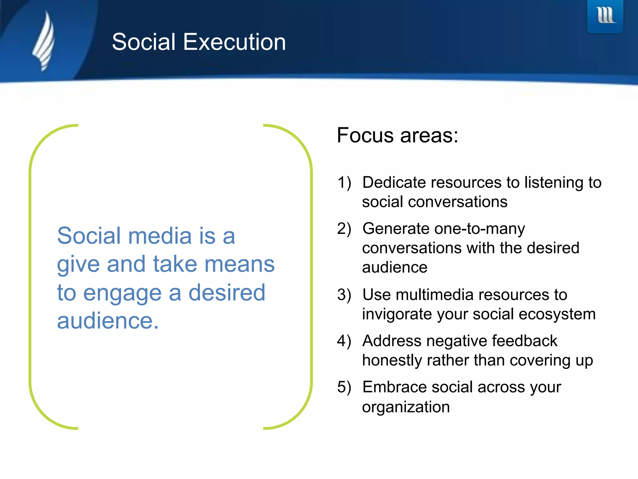 Social Execution


                       Focus areas:

                       1)  Dedicate resources to listening to
                           social conversations
                       2)  Generate one-to-many
Social media is a          conversations with the desired
give and take means        audience
to engage a desired    3)  Use multimedia resources to
                           invigorate your social ecosystem
audience.
                       4)  Address negative feedback
                           honestly rather than covering up
                       5)  Embrace social across your
                           organization
 