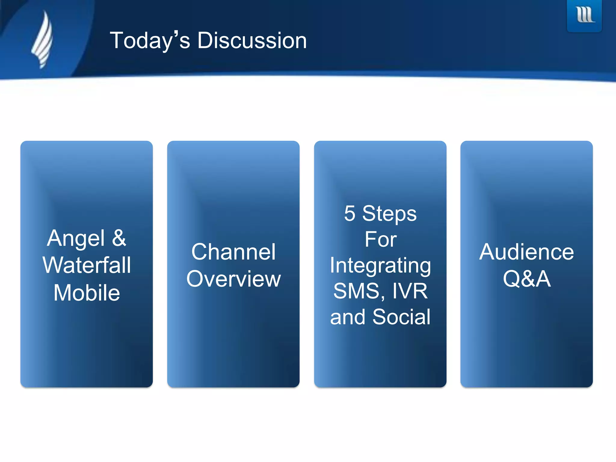 Today s Discussion




                             5 Steps
Angel &                        For
            Channel                      Audience
Waterfall                  Integrating
            Overview                       Q&A
 Mobile                     SMS, IVR
                           and Social
 