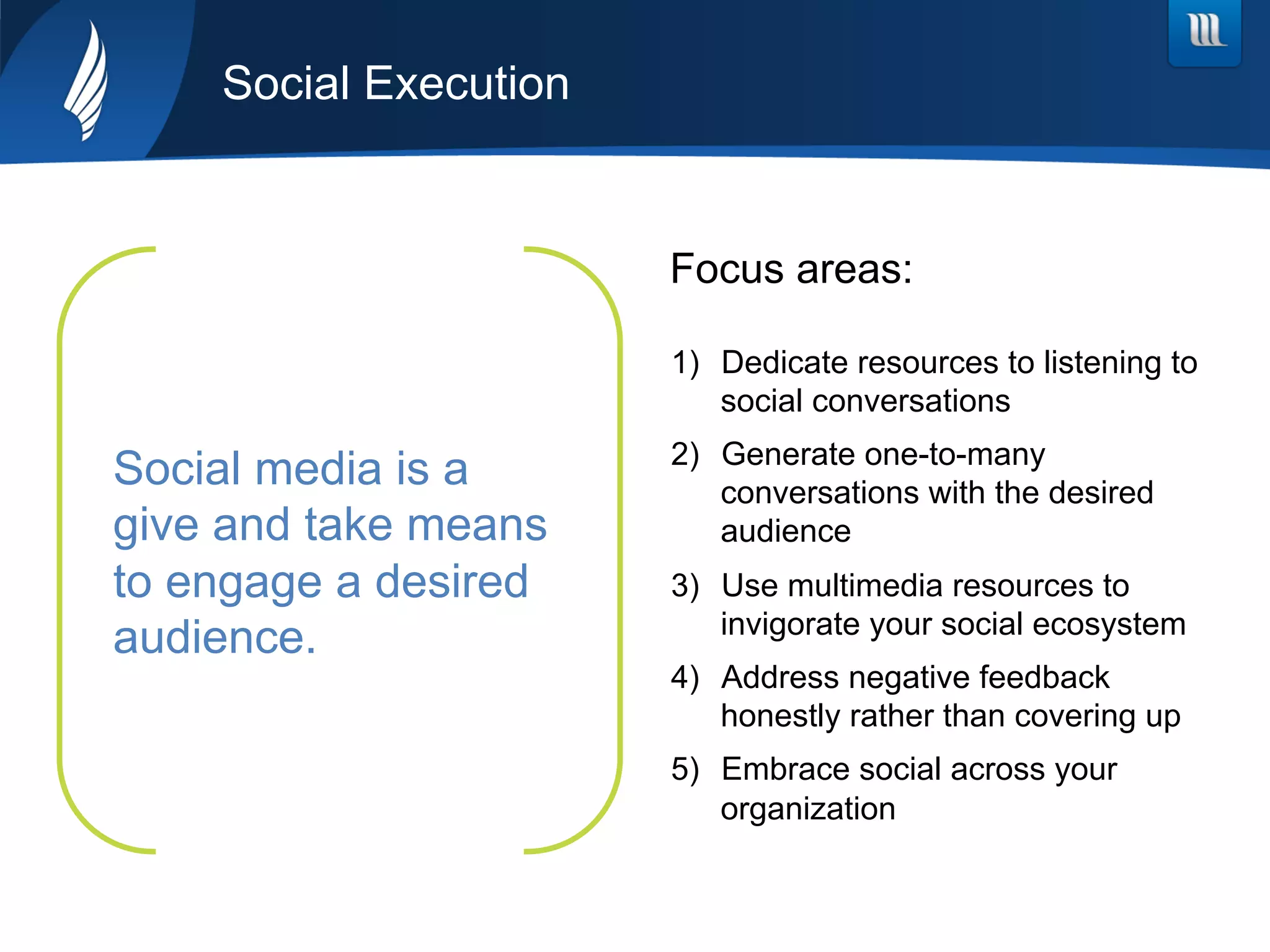 1)  Dedicate resources to listening to
social conversations
2)  Generate one-to-many
conversations with the desired
audience
3)  Use multimedia resources to
invigorate your social ecosystem
4)  Address negative feedback
honestly rather than covering up
5)  Embrace social across your
organization
Social media is a
give and take means
to engage a desired
audience.
Social Execution
Focus areas:
 