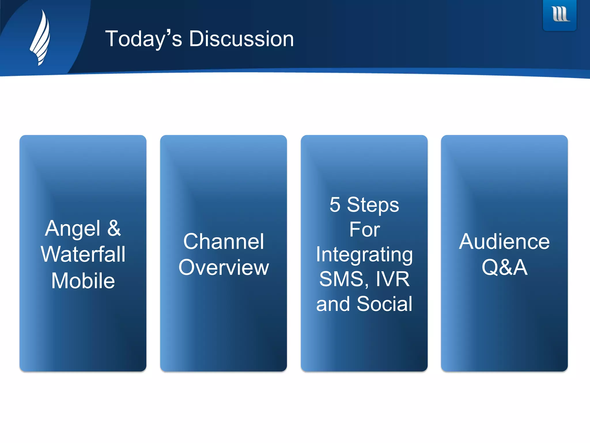 Today s Discussion
Angel &
Waterfall
Mobile
Channel
Overview
5 Steps
For
Integrating
SMS, IVR
and Social
Audience
Q&A
 