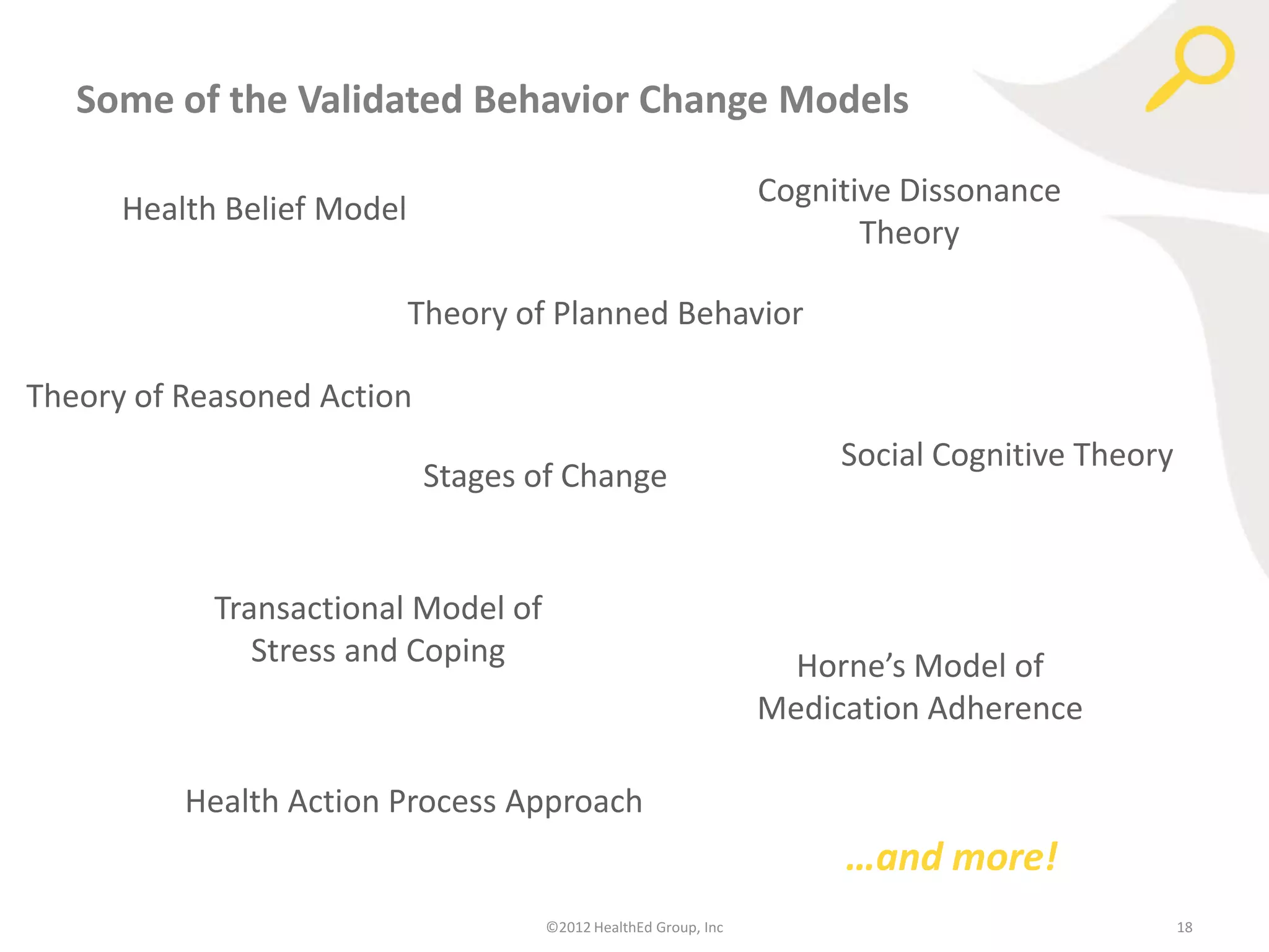 Some of the Validated Behavior Change Models

                                                                 Cognitive Dissonance
      Health Belief Model
                                                                        Theory

                            Theory of Planned Behavior

Theory of Reasoned Action
                                                                      Social Cognitive Theory
                             Stages of Change


            Transactional Model of
               Stress and Coping                                   Horne’s Model of
                                                                 Medication Adherence

          Health Action Process Approach
                                                                      …and more!
                                     ©2012 HealthEd Group, Inc                                  18
 