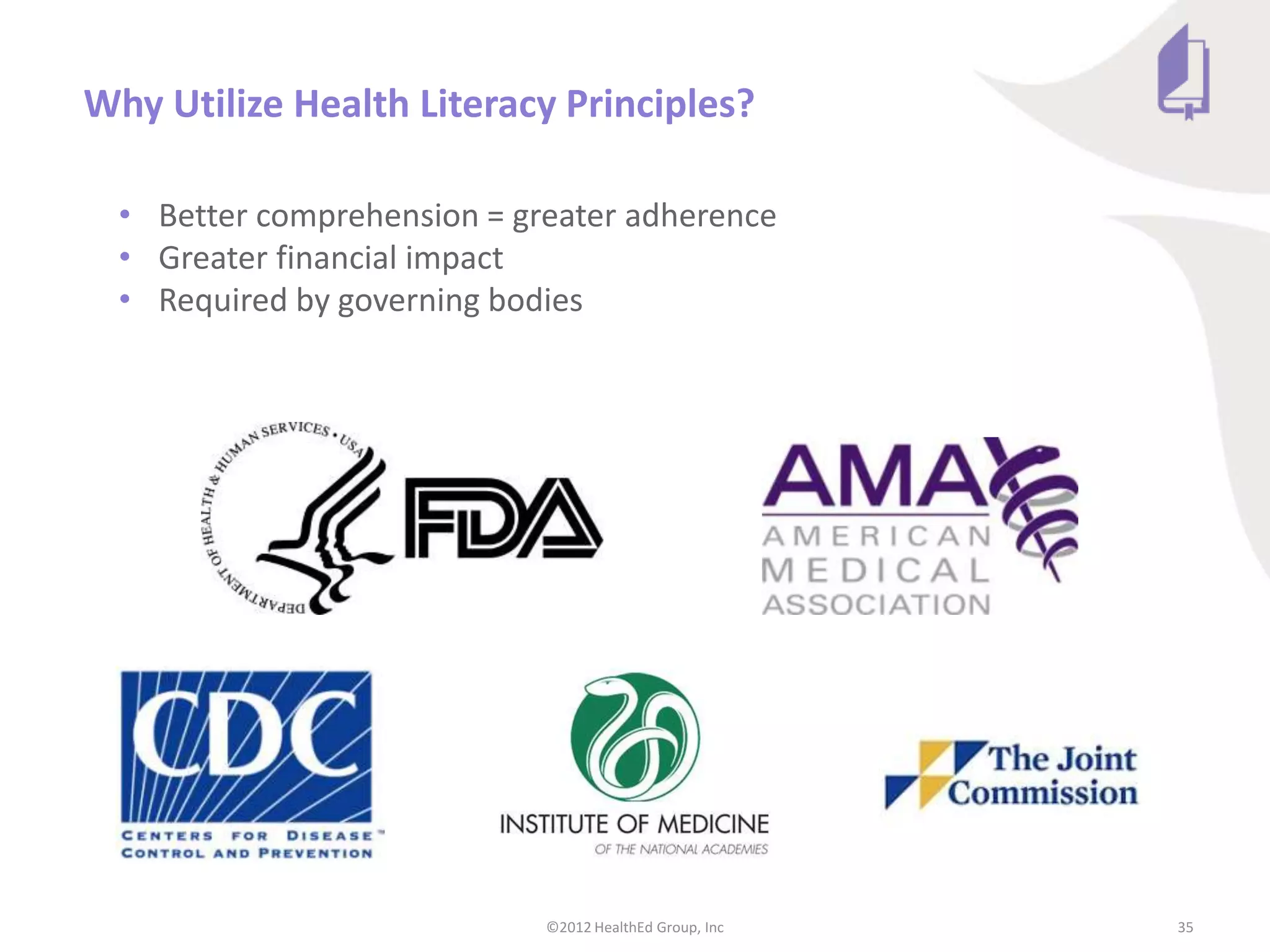 Why Utilize Health Literacy Principles?

  • Better comprehension = greater adherence
  • Greater financial impact
  • Required by governing bodies




                             ©2012 HealthEd Group, Inc   35
 