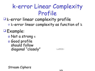 Stream Ciphers
QuickTime™ and a
TIFF (Uncompressed) decompressor
are needed to see this picture.
k-error Linear Complexity
Profile
 k-error linear complexity profile
o k-error linear complexity as function of k
 Example:
o Not a strong s
o Good profile
should follow
diagonal “closely”
 