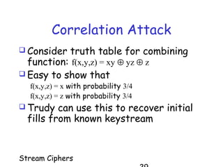 Stream Ciphers
Correlation Attack
 Consider truth table for combining
function: f(x,y,z) = xy ⊕ yz ⊕ z
 Easy to show that
f(x,y,z) = x with probability 3/4
f(x,y,z) = z with probability 3/4
 Trudy can use this to recover initial
fills from known keystream
 