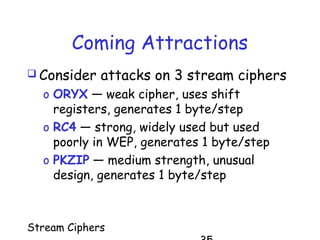 Stream Ciphers
Coming Attractions
 Consider attacks on 3 stream ciphers
o ORYX — weak cipher, uses shift
registers, generates 1 byte/step
o RC4 — strong, widely used but used
poorly in WEP, generates 1 byte/step
o PKZIP — medium strength, unusual
design, generates 1 byte/step
 