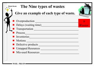 Overproduction ______________________________ Delays (waiting time)__________________________ Transportation _______________________________ Process_____________________________________ Inventories__________________________________ Motions ____________________________________ Defective products ____________________________ Untapped Resources __________________________ Mis-used Resources ___________________________ 9 Wastes Give an example of each type of waste. The Nine types of wastes Think Break 