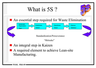 What is 5S ? An essential step required for Waste Elimination An integral step in Kaizen A required element to achieve Lean-site Manufacturing. Systematic Organization “ Seiri” Orderliness “ Seiton” Cleanliness “ Seiso” Cleanup “ Seiketsu” Cleanup “ Seiketsu” Standardization/Perseverance “ Shitsuke” 5s 