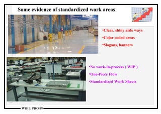 Some evidence of standardized work areas Clear, shiny aisle ways Color coded areas Slogans, banners No work-in-process ( WIP ) One-Piece Flow Standardized Work Sheets 