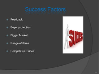 Success Factors
 Feedback
 Buyer protection
 Bigger Market
 Range of items
 Competitive Prices
18
 