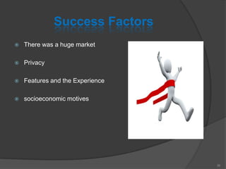 Success Factors
 There was a huge market
 Privacy
 Features and the Experience
 socioeconomic motives
36
 