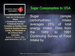 Sugar and Cardiovascular
Disease
A Statement for Healthcare
Professionals From the
Committee on Nutrition of the
Council on Nutrition, Physical
Activity, and Metabolism of
the American Heart
Association
Barbara V. Howard, PhD;
Judith Wylie-Rosett, RD, EdD
Sugar (simple
carbohydrate) intake
averages 25% of total
energy intake. Data from
the 1989 to 1991
Continuing Survey of Food
Intake by
http://circ.ahajournals.org/cgi/content/full/106/4/523
 