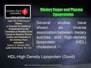 Sugar and Cardiovascular
Disease
A Statement for Healthcare
Professionals From the
Committee on Nutrition of the
Council on Nutrition, Physical
Activity, and Metabolism of
the American Heart
Association
Barbara V. Howard, PhD;
Judith Wylie-Rosett, RD, EdD
Several studies have
shown an inverse
association between dietary
sucrose and high-density
lipoprotein (HDL)
cholesterol.8,9 .
http://circ.ahajournals.org/cgi/content/full/106/4/523
HDL-High Density Lipoprotein (Good)
 