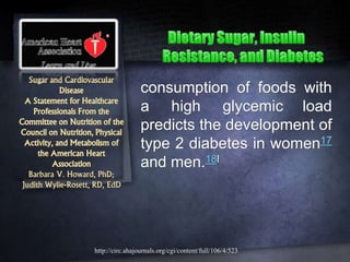 Sugar and Cardiovascular
Disease
A Statement for Healthcare
Professionals From the
Committee on Nutrition of the
Council on Nutrition, Physical
Activity, and Metabolism of
the American Heart
Association
Barbara V. Howard, PhD;
Judith Wylie-Rosett, RD, EdD
consumption of foods with
a high glycemic load
predicts the development of
type 2 diabetes in women17
and men.18l
http://circ.ahajournals.org/cgi/content/full/106/4/523
 