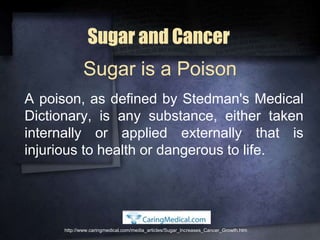 Sugar and Cancer
A poison, as defined by Stedman's Medical
Dictionary, is any substance, either taken
internally or applied externally that is
injurious to health or dangerous to life.
http://www.caringmedical.com/media_articles/Sugar_Increases_Cancer_Growth.htm
Sugar is a Poison
 