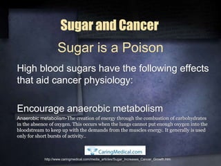 Sugar and Cancer
High blood sugars have the following effects
that aid cancer physiology:
Encourage anaerobic metabolism
Anaerobic metabolism-The creation of energy through the combustion of carbohydrates
in the absence of oxygen. This occurs when the lungs cannot put enough oxygen into the
bloodstream to keep up with the demands from the muscles energy. It generally is used
only for short bursts of activity..
http://www.caringmedical.com/media_articles/Sugar_Increases_Cancer_Growth.htm
Sugar is a Poison
 