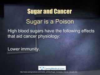 Sugar and Cancer
High blood sugars have the following effects
that aid cancer physiology:
Lower immunity.
http://www.caringmedical.com/media_articles/Sugar_Increases_Cancer_Growth.htm
Sugar is a Poison
 