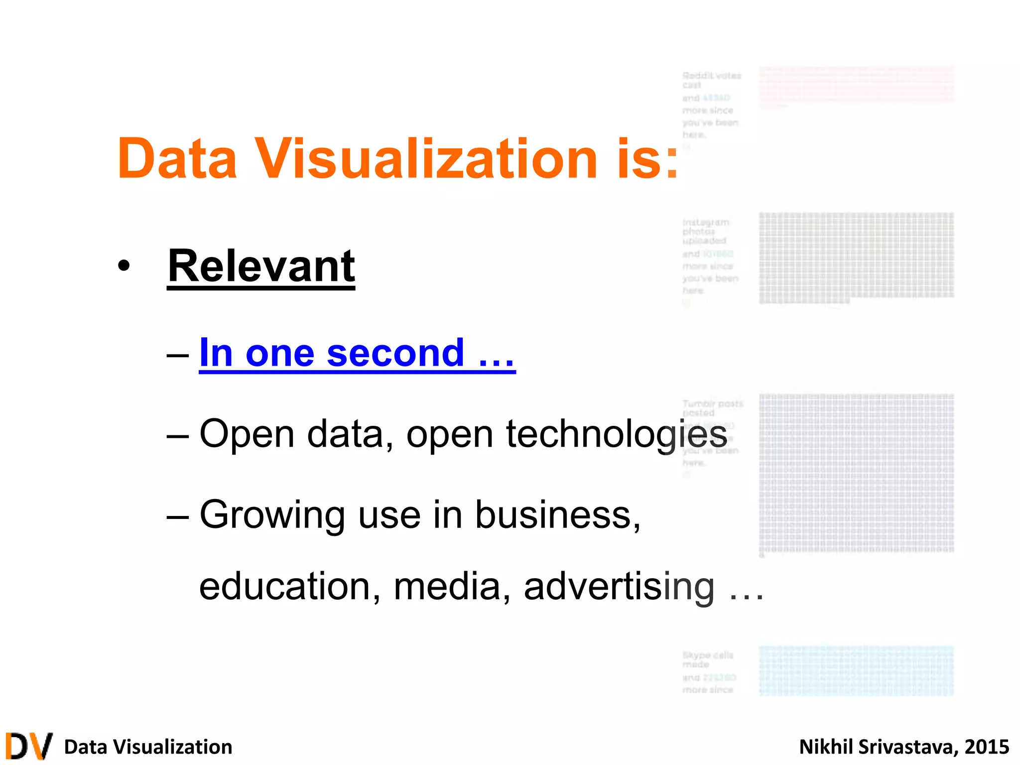 Data Visualization Nikhil Srivastava, 2015
Data Visualization is:
• Relevant
– In one second …
– Open data, open technologies
– Growing use in business,
education, media, advertising …
 