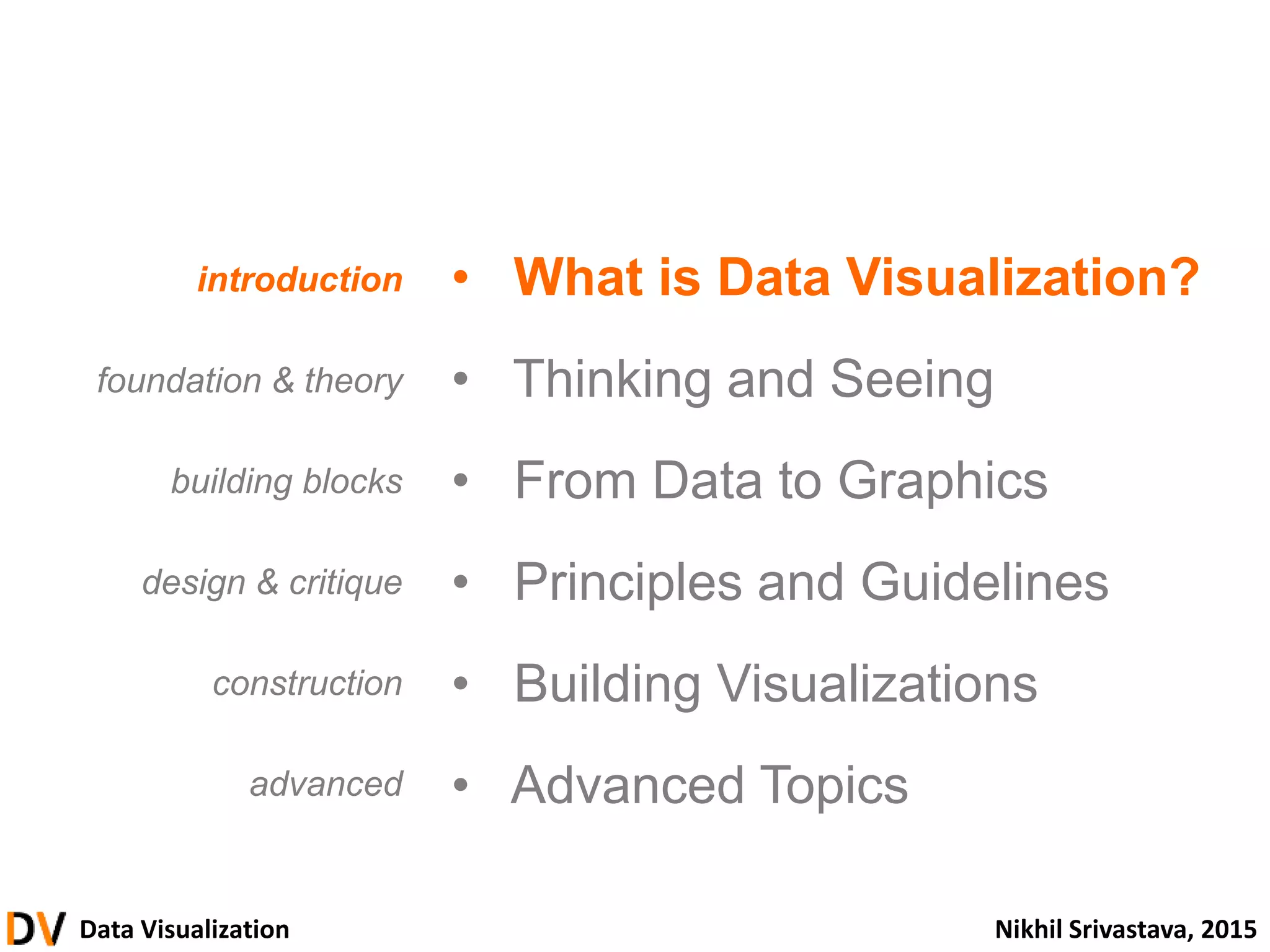 Data Visualization Nikhil Srivastava, 2015
• What is Data Visualization?
• Thinking and Seeing
• From Data to Graphics
• Principles and Guidelines
• Building Visualizations
• Advanced Topics
introduction
foundation & theory
building blocks
design & critique
construction
advanced
 