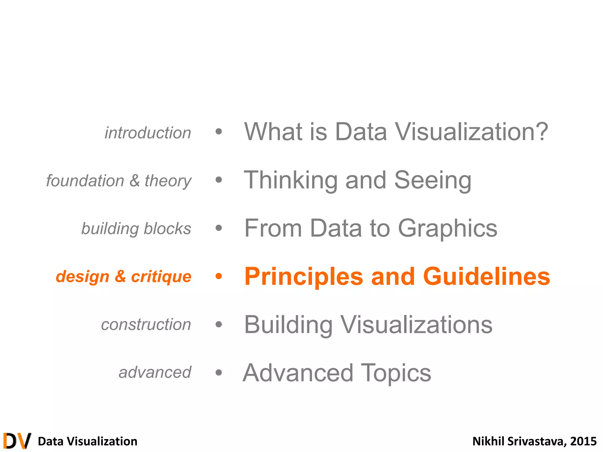 Data Visualization Nikhil Srivastava, 2015
• What is Data Visualization?
• Thinking and Seeing
• From Data to Graphics
• Principles and Guidelines
• Building Visualizations
• Advanced Topics
introduction
foundation & theory
building blocks
design & critique
construction
advanced
 