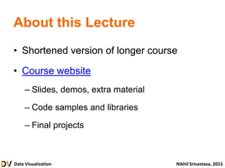 Data Visualization Nikhil Srivastava, 2015
About this Lecture
• Shortened version of longer course
• Course website
– Slides, demos, extra material
– Code samples and libraries
– Final projects
 