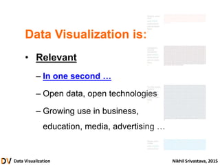 Data Visualization Nikhil Srivastava, 2015
Data Visualization is:
• Relevant
– In one second …
– Open data, open technologies
– Growing use in business,
education, media, advertising …
 