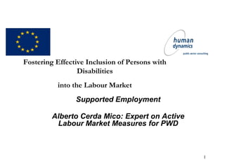 1
Fostering Effective Inclusion of Persons with
Disabilities
into the Labour Market
Supported Employment
Alberto Cerda Mico: Expert on Active
Labour Market Measures for PWD
 