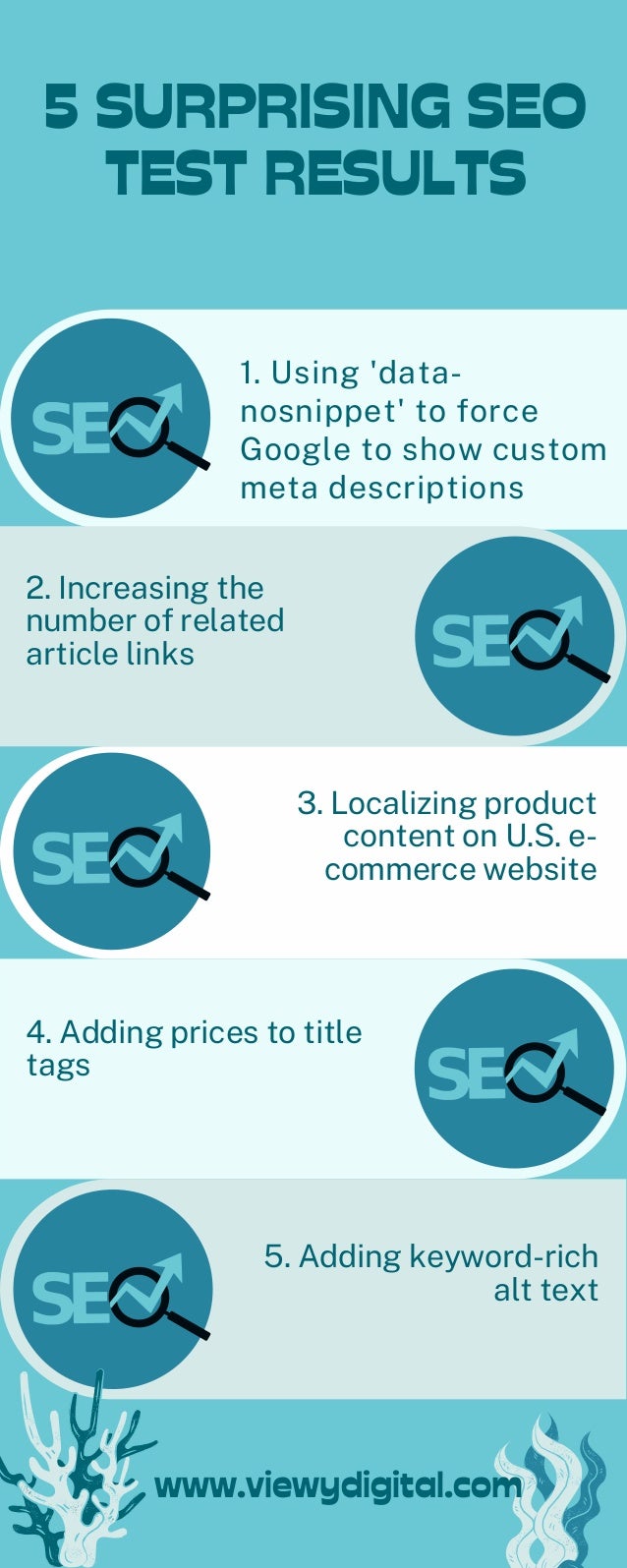 5 SURPRISING SEO
TEST RESULTS


www.viewydigital.com
1. Using 'data-
nosnippet' to force
Google to show custom
meta descriptions
3. Localizing product
content on U.S. e-
commerce website


2. Increasing the
number of related
article links
5. Adding keyword-rich
alt text


4. Adding prices to title
tags
 
