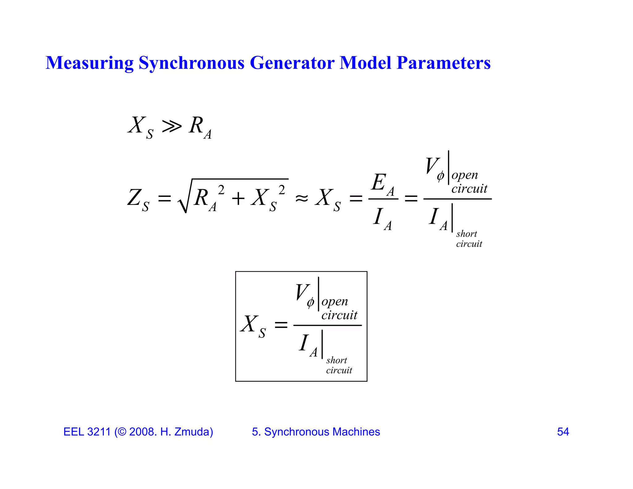 Measuring Synchronous Generator Model Parameters
S A
X R

2 2
open
circuit
A
S A S S
V
E
Z R X X
I I

    
short
circuit
A A
I I
open
circuit
S
V
X
I


short
circuit
S
A
I
EEL 3211 (&copy; 2008. H. Zmuda) 5. Synchronous Machines 54
 
