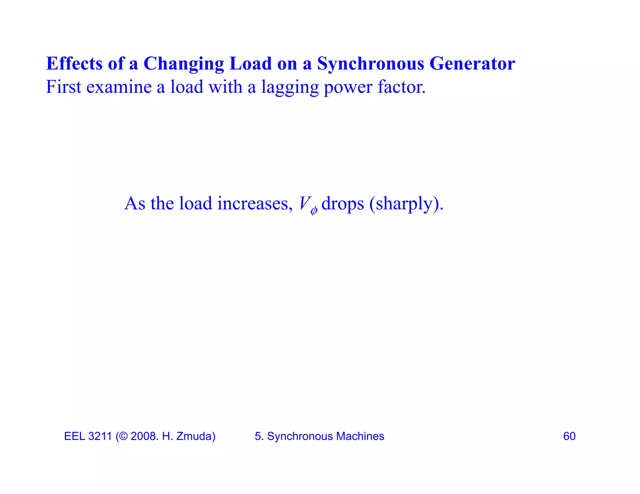 Effects of a Changing Load on a Synchronous Generator
First examine a load with a lagging power factor.
First examine a load with a lagging power factor.
As the load increases, V drops (sharply).
EEL 3211 (&copy; 2008. H. Zmuda) 5. Synchronous Machines 60
 