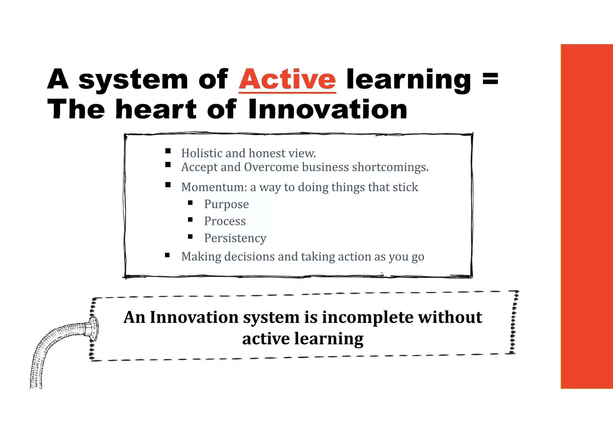 A system of Active learning =
The heart of Innovation
 Holistic and honest view.
 Accept and Overcome business shortcomings.
 Momentum: a way to doing things that stick
 Purpose
 Process
 Persistency
 Making decisions and taking action as you go
An	Innovation	system	is	incomplete	without	
active	learning	
 